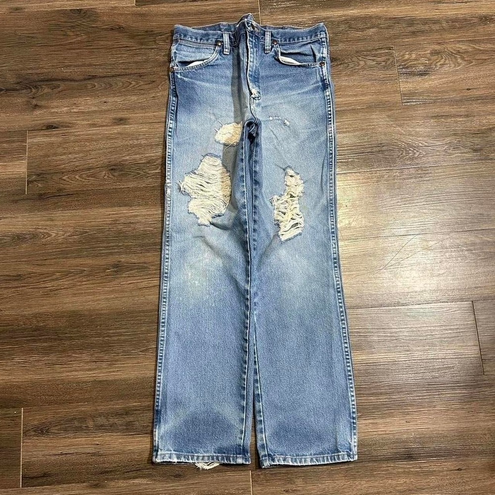 Wrangler 936PWD cowboy distressed ripped faded blue jeans men's 34x30 Western
